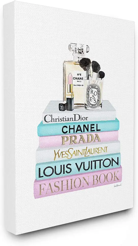 Stupell Industries Fashion Designer Makeup Bookstack Blue Pink Watercolor Canvas Wall Art, Multi-Color