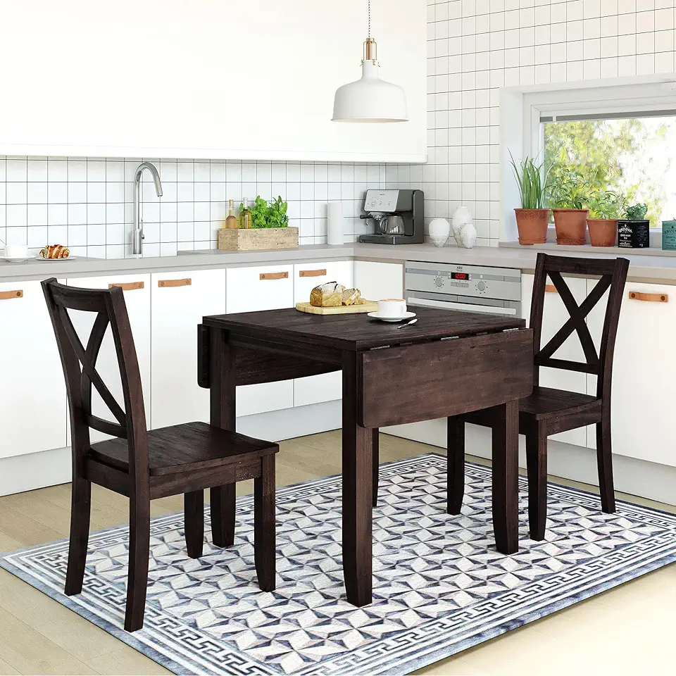 Linique 3Pcs Dining Set with Drop Leaf Dining Table and 2 X-Back Chairs, Solid Wood Kitchen Table Set for Small Place, Espresso