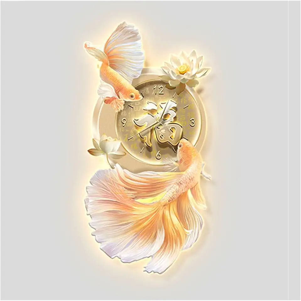 Decorative Painting with Clock Creative Fish Wall Hanging Decor, Wall Art with LED Light and Clock, Chic Fish Wall Sculptures Room Decor for Bedroom Living Room Apartment Wall Lamp(Yellow,Large)