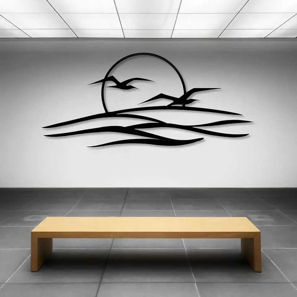 XXQ Seagulls Sunset Metal Wall Art - Abstract Beach Art, Sunrise & Sunset Nature Scene for Indoor & Outdoor Spaces, Coastal Ocean Wall Hanging (Black, 79