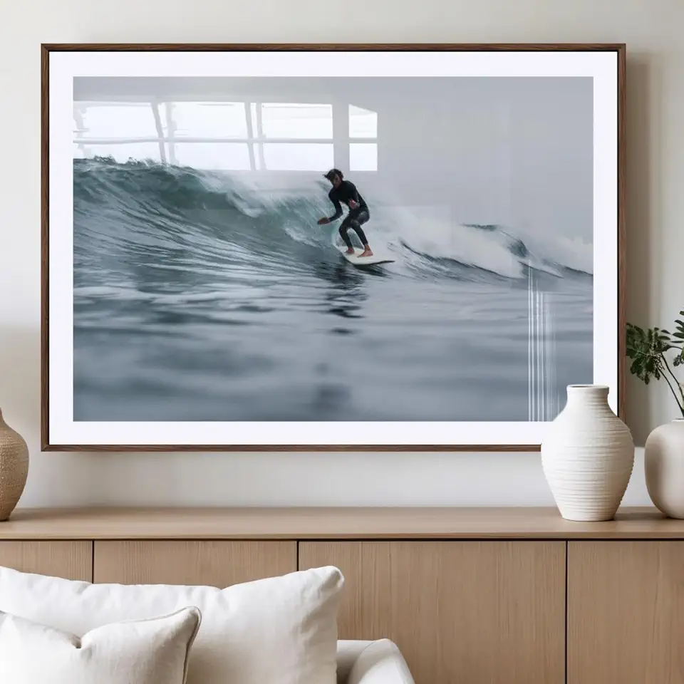 Surfer on Wave Wall Art Canvas Print – Framed Ocean Adventure Motion Blur Water Coastal Action Artwork for Home, Office 3 Panel Canvas Print/Gallery Wrapped / 90