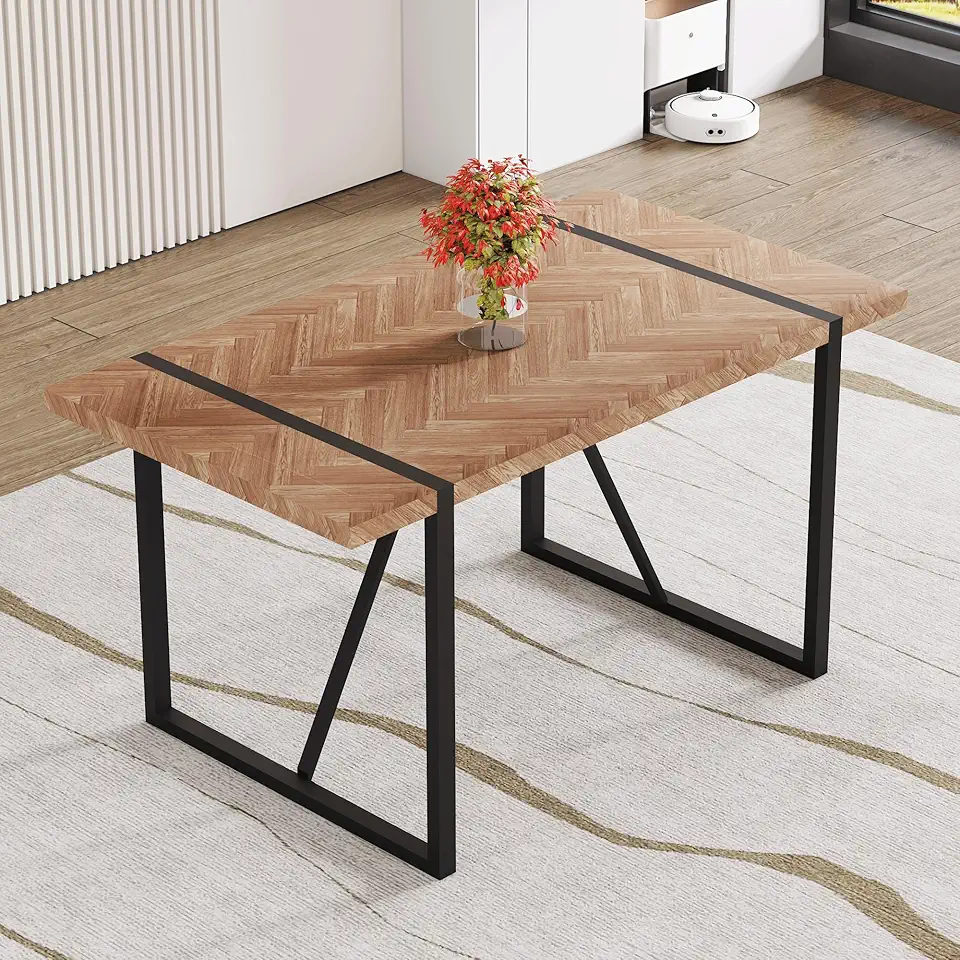Minimalist Retro Rectangular Dining Table - Wood Textured MDF Top & Black Metal Legs, 55”L×35.4”W×30”H, 59.19 lbs, Fits Modern Light Luxury/Minimalist Wooden Home Styles