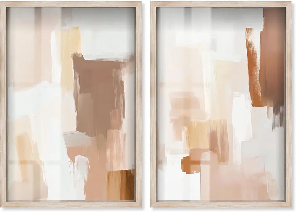 Neutral Harmony 2 Panel Set Shadowbox Print Minimalist Wall Decor by Art Remedy, Blonde Frame, 36 x 54