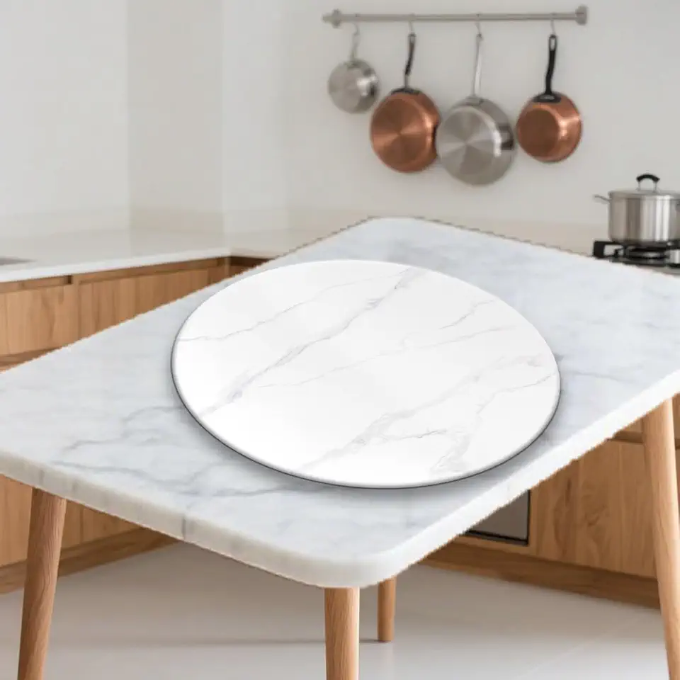 Stone Slab Rotating Storage Tray for Countertop, 33x33inchs / 85x85cm 0.5inchs Thick, Glossy White Gray Lazy Susan Rotating, Organizer for Spices/Cans, Food Server for Dining Table