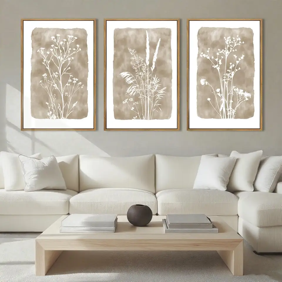 ANHUIB Extra Large Beige Floral Wall Art 24x36 Inch Neutral Floral Wall Decor Vintage Flower Artwork for Living Room Bedroom Office Set of 3