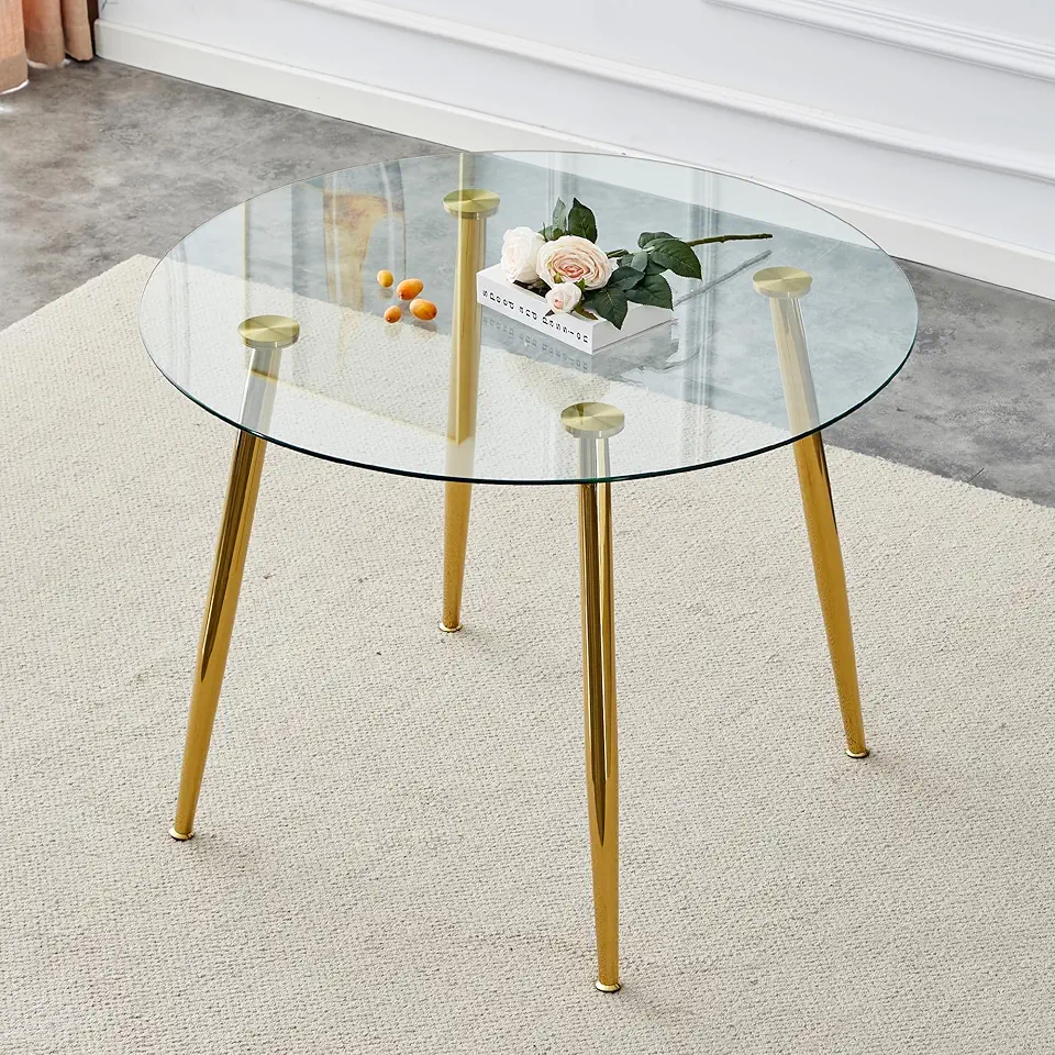 A Glass Tabletop with a Diameter of 40 Inches and a Modern Minimalist Circular Dining Table with Gold Plated Metal Legs, 40 '* 40' * 30 '
