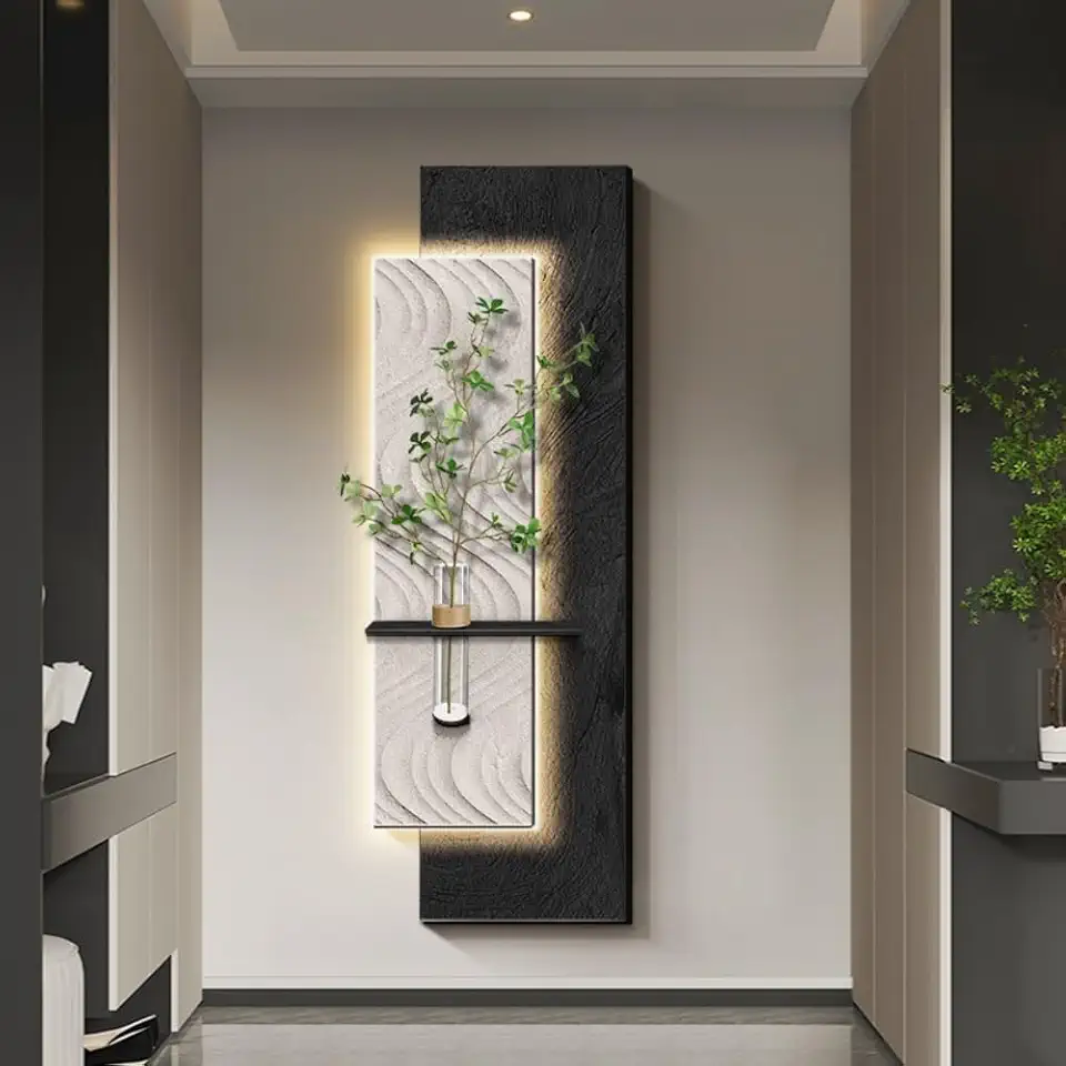 3D Wall Art Decor with LED Light, Plug-in Power Supply Wall Decorations, Wall Sculptures with Artificial Plants, Decorative Painting for Living Room, Bedroom(Black,70.9in*23.6in)