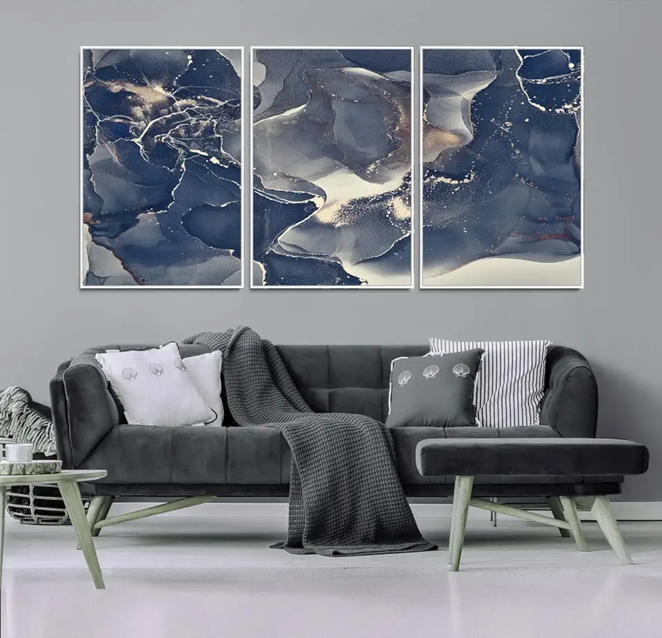 Large Abstract Blue and Gold Canvas Wall Art | Fluid Ink Artwork Print | Luxury Wall Decor for Contemporary Interiors | Framed Ready to Hang 3 Panel Floating Frame / Floating - White / 90