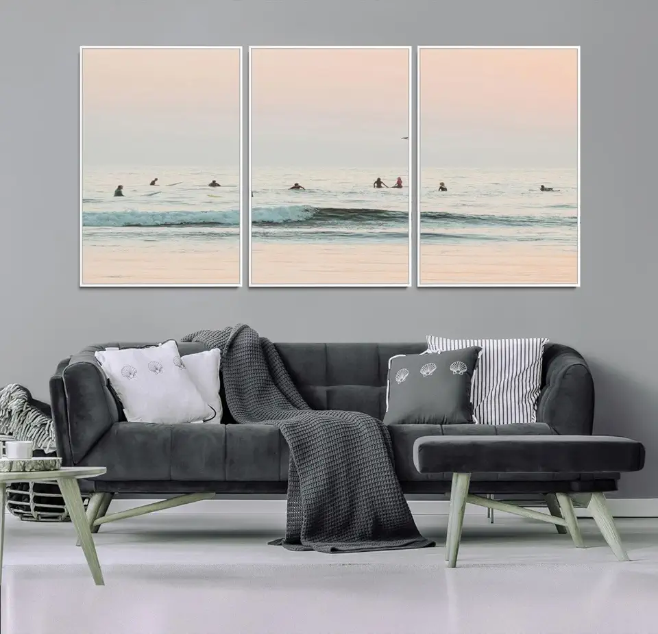 Pastel Ocean Wall Art Canvas Print, Framed Soft Sunset Art Picture Print, Calm Sea Perfect 3 Panel Floating Frame/White / 90