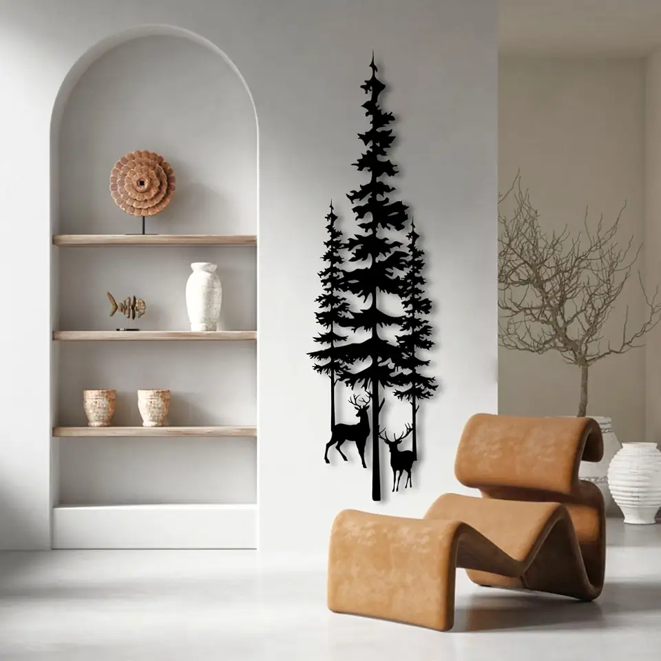 Metal Pine Tree Wall Art, Pine Tree Wall Decor, Metal Deer Wall Art, Deer Wall Decor, Wall Decorations For Living Room, Bedroom, Bathroom, Office (Black, 200×59 cm / 79×23 in, metal wall art)