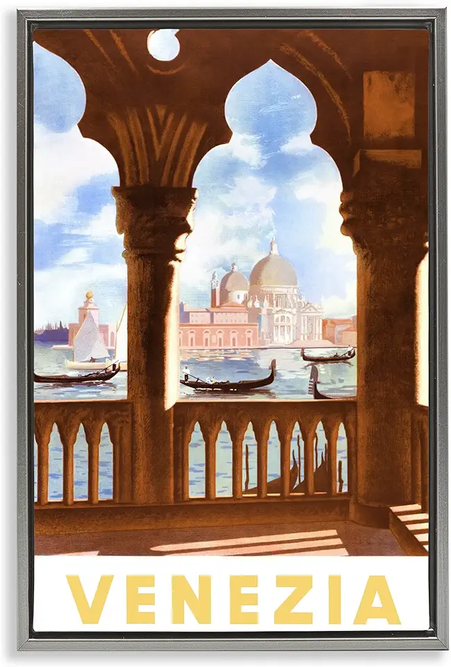 Stupell Industries Venezia Architecture with Boats View Gray Framed Floater Canvas Wall Art Design by PIDDIX, 17 x 25