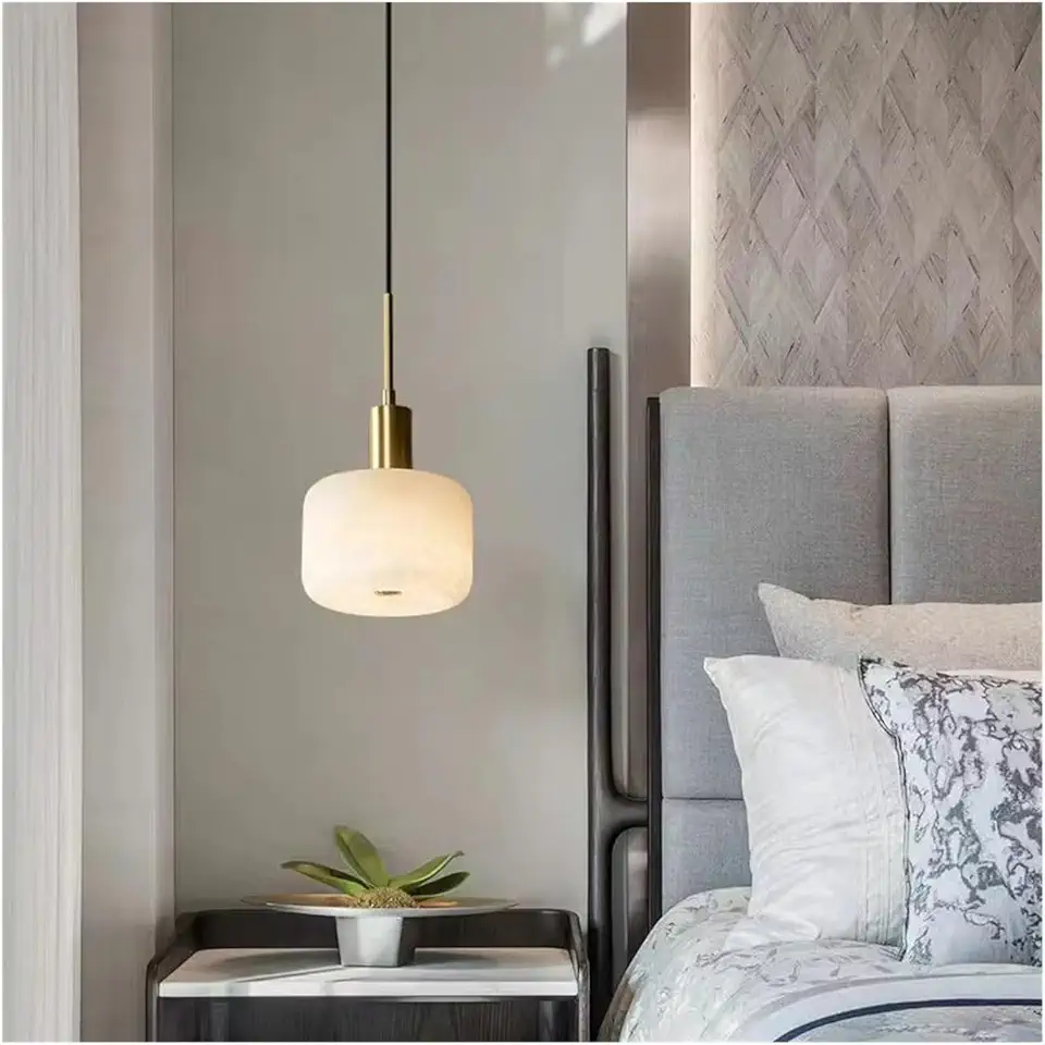 Luxury Bedside Pendant Light Dining Table Bedroom Study Room Hotel Room Marble Copper Chandelier, Ceiling lamp(Cold Light,D15cm)