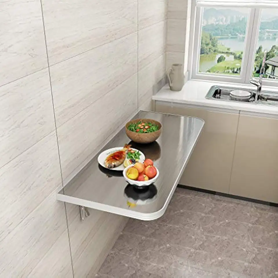 Space-Saving Stainless Steel Folding Wall-Mounted Drop-Leaf Table, Versatile Computer Workstation & Dining Table for Home, Bar, Laundry Room, Kitchen Use