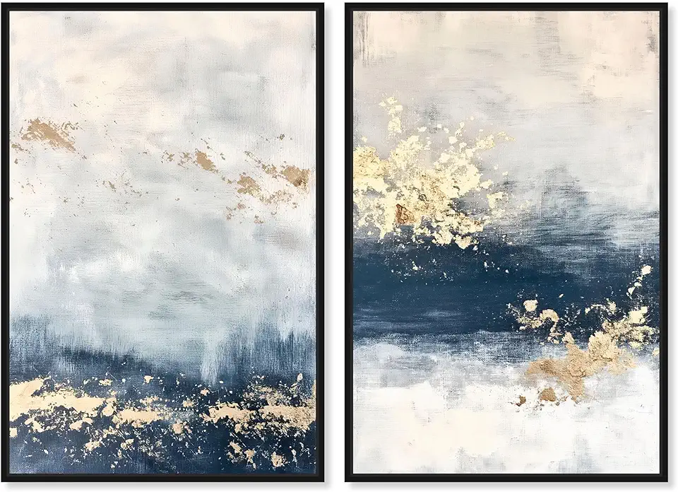 Gilded Coastal Calm 2 Panel Set Canvas Print Blue Wall Art by Art Remedy, Black Frame, 36 x 54