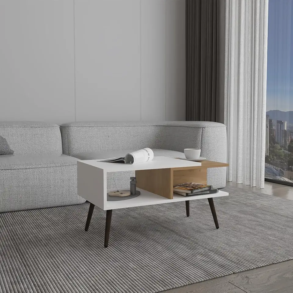 White-Brown Coffee Table with 2-Tier, Open Storage & Black Metal Legs, Modern Center Table for Living Room, Office, 29.5