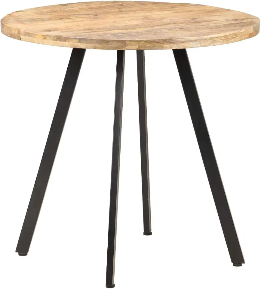 Round Dining Table in Natural Mango Wood with Rough Texture and Powder-Coated Iron Legs, Industrial Design for Kitchen and Dining Room, Compact Space Efficient Furniture,