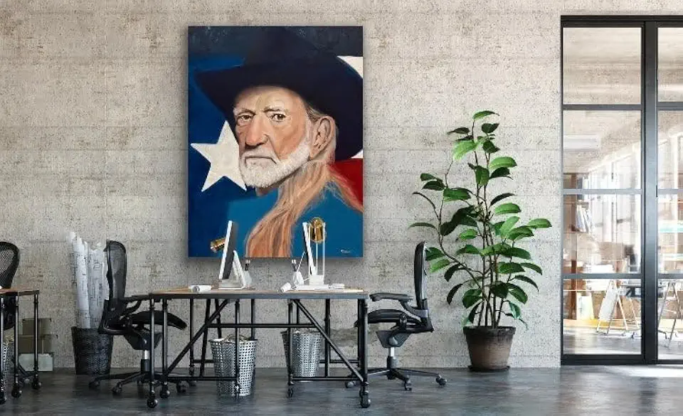 TERRYCRUMSTUDIO, Willie & Texas Flag, By Artist, Terry Crum. (Unframed, Gallery Wrapped Canvas, 1.5” Deep, No Outer Frame, 36x48, Willie and Texas Flag)