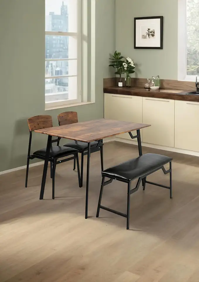 Modern 4-Piece Dining Table Set for 4 People, Wood-Grain Finish, Includes 2 Chairs and 1 Bench, Black and Brown