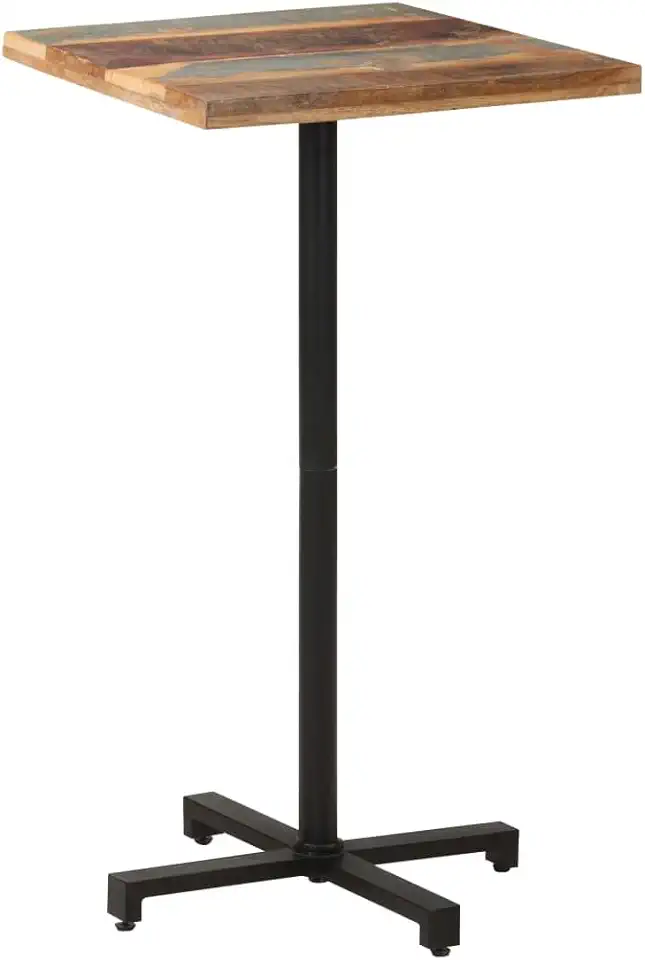 Solid Reclaimed Wood Bistro Dining Table, Mixed Colors, Black Powder-Coated Iron Base, 23.6x23.6x43.3 inch Square Kitchen Table for Patio Cafe, Rustic Dining Furniture