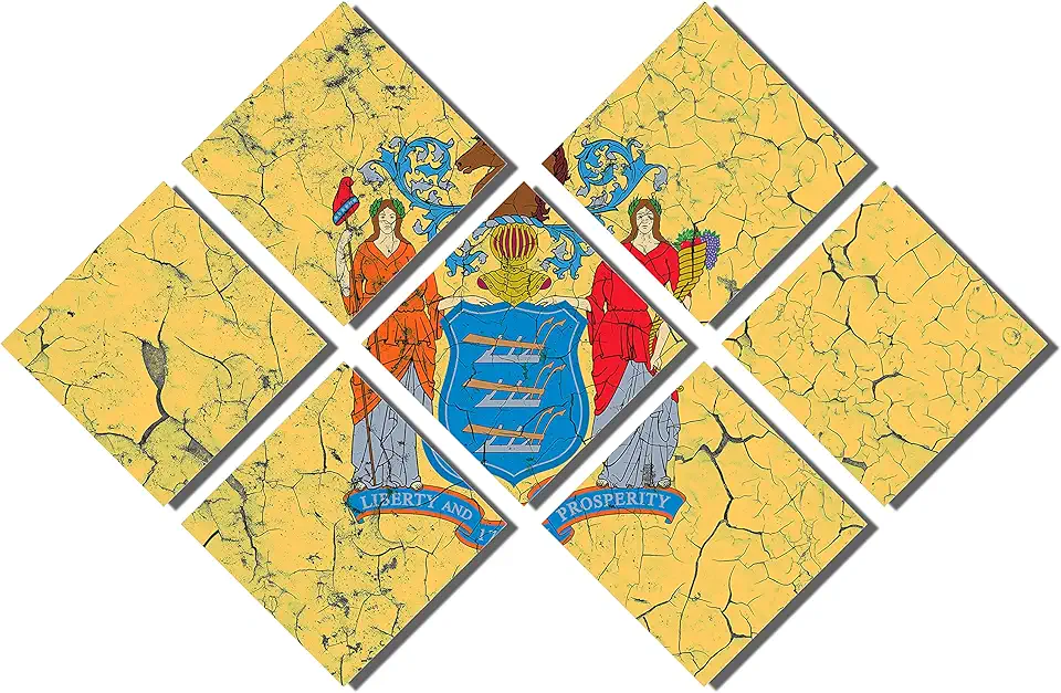 Canvas Quest 102 x 68 TOTAL - New Jersey State Flag cracked effect Metal Print wall art 7 Panel Butterfly split, HD aluminum art