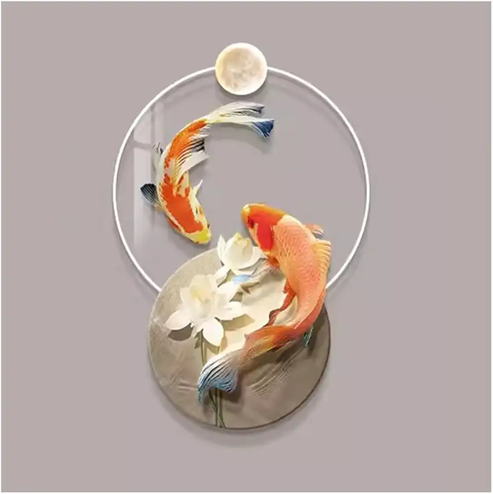 Large Wall Decor With LED Lights, Vintage Traditional Chinese Wall Sculptures，Colorful Koi 3D Wall Art Decor for Living Room Dining Room Bedroom Entrance Hall ( Color : Multi-colored-A , Size : 110X15