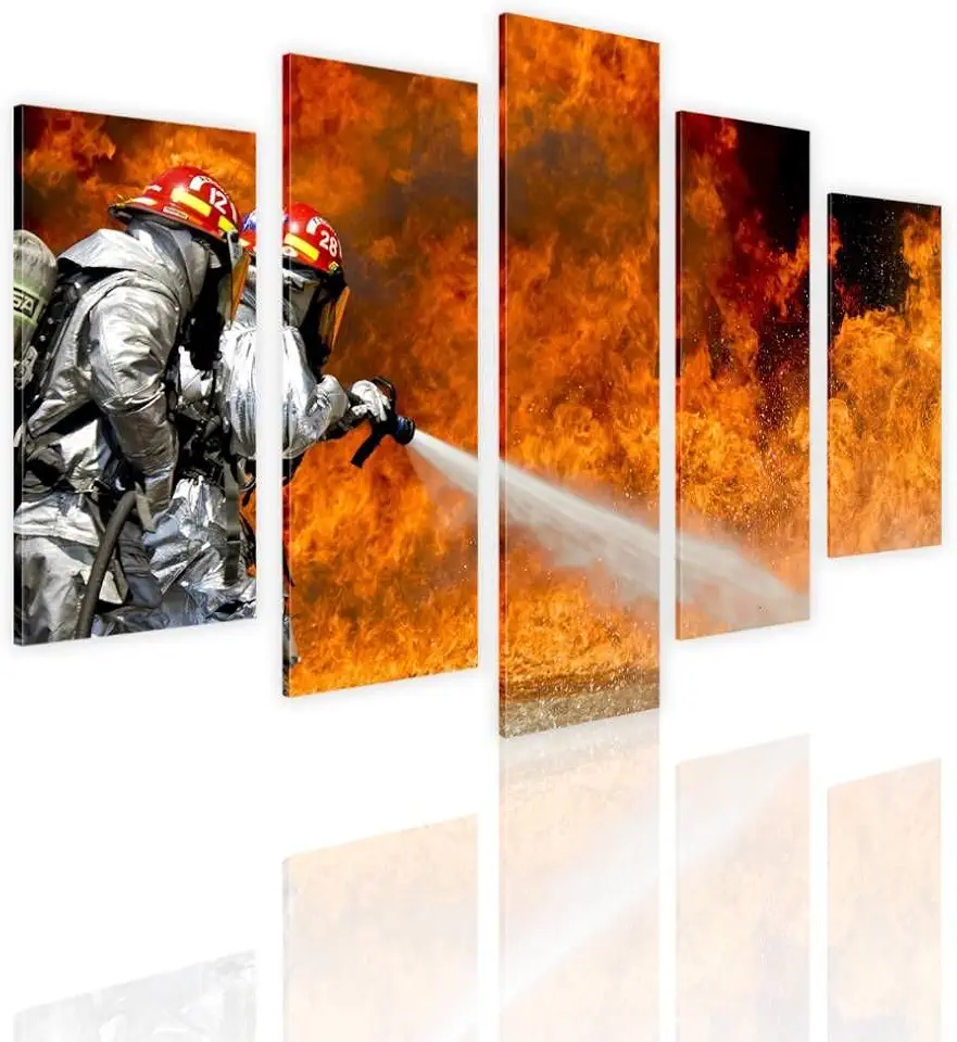 Alonline Art - Fire Fighters Flames by Split 5 Panels | framed stretched canvas (Synthetic) on a ready to hang frame - gallery wrapped | 48