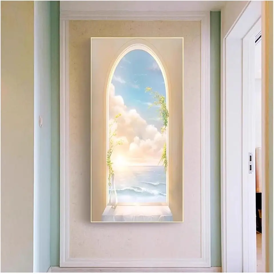 GZHERVICES Faux Window Wall Mural - Coastal Beach Ocean View Landscape Art | Crystal Porcelain Painting for Home, Office & Bedroom Decor | Realistic Seascape Wallpaper(Multi-Colored-H,80x160 cm)