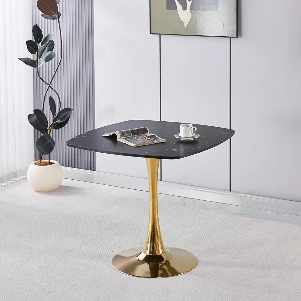 31.5 Inch Square Tulip Dining Table for 2-4 Persons, Modern Mid-Century Kitchen Table with Black MDF Top & Golden Metal Pedestal Base, Living Room, Apartment, Bistro Cafe (Black & Gold)
