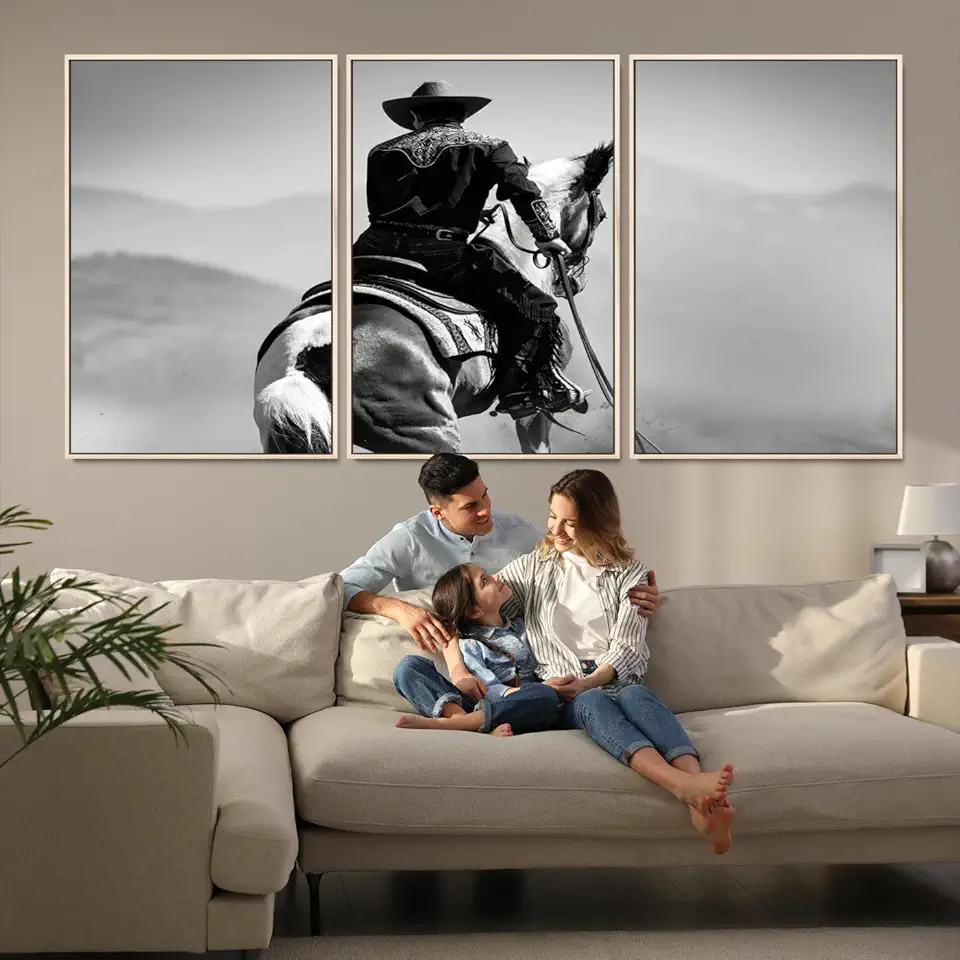 Western Wall Art Cowboy Art Picture Print, Horse Perfect Western Decor, Framed Cowboy Wall Art Print 3 Panel Floating Frame/Natural / 90
