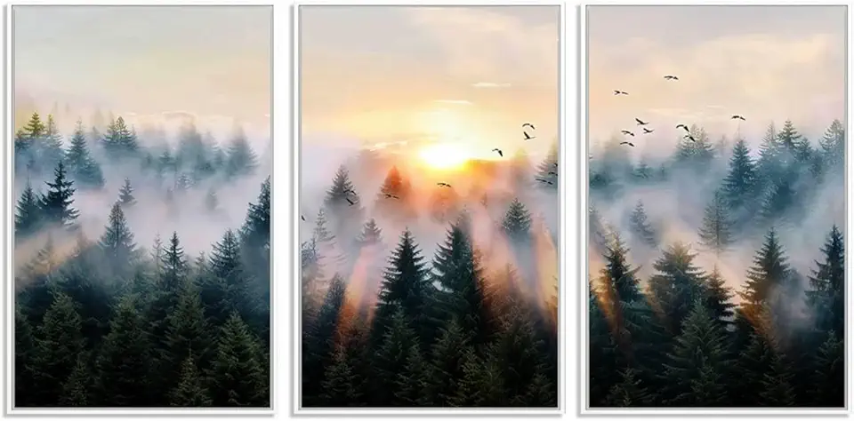 Abstract Forest Wall Art - Serene Nature Canvas Print with Misty Forest Design for Modern Home or 3 Panel Floating Frame/White / 90