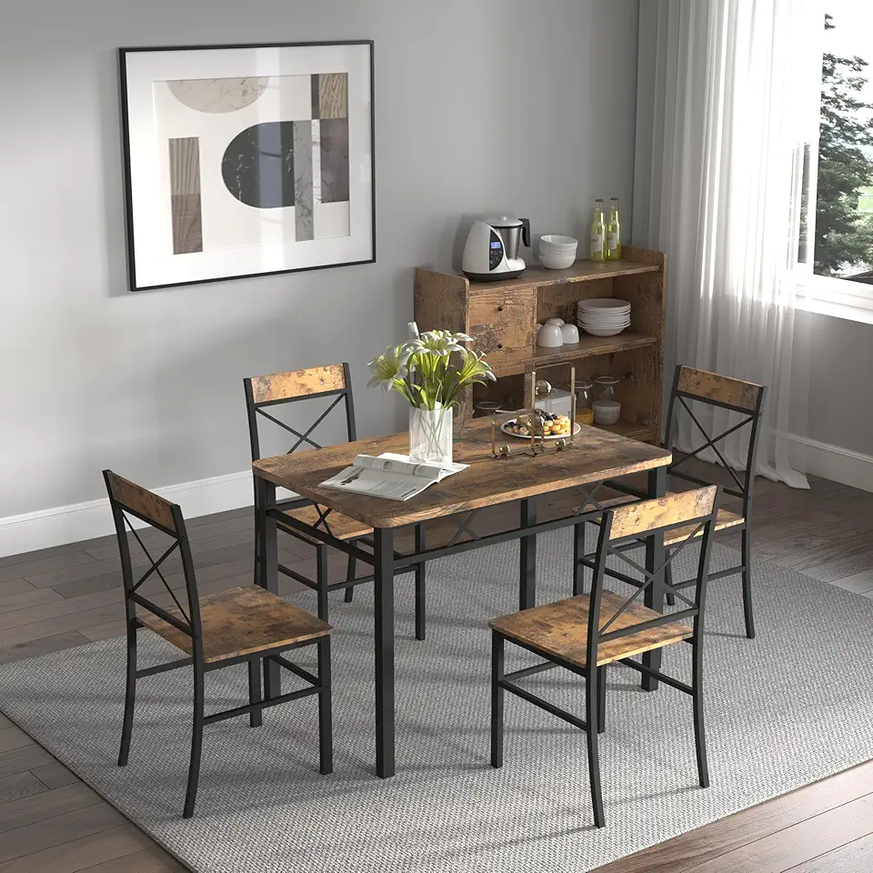 Dining Table Set for 4 - Wood Kitchen Table with Chairs, Compact Dining Set for Small Spaces, Rustic Brown Black+Brown MDF Metal, Industrial Style for Kitchen and Dining Room