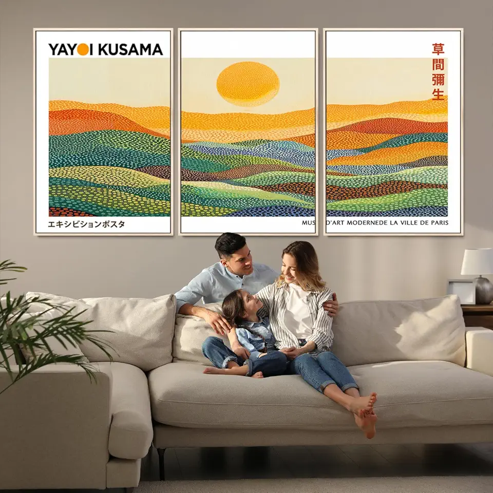 Sami Eymur Modern Abstract Kusama Wall Art Print with Vibrant Patterns 3 Panel Floating Frame/Natural / 90