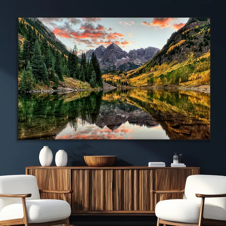 Sami Eymur Maroon Bells Wall Art - Scenic Canvas Print of Maroon Bells in Autumn for Elegant Home or Office Extra Large Wall Art/Oversize / 90