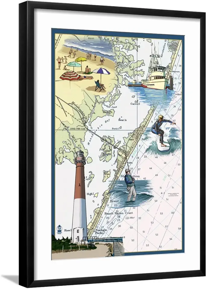 ART.COM Wall Art Print Long Beach Island, New Jersey - Nautical Chart on Black Frame by Lantern Press, 21