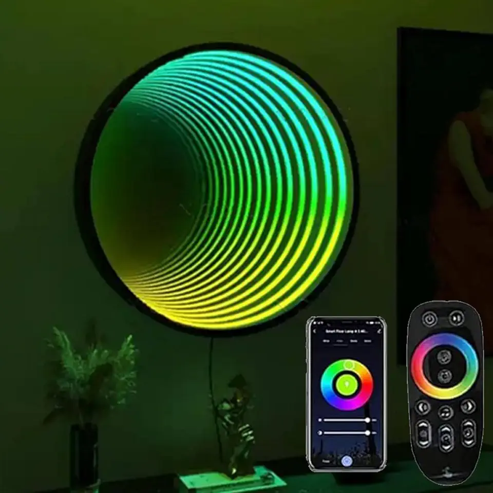Mirror Tunnel Lamp with Colors, Remote Control 3D Light, Multi-Color Playroom Decor, Geometric RGB Wall Art, Colour Changing Night Light(Circle,70cm)