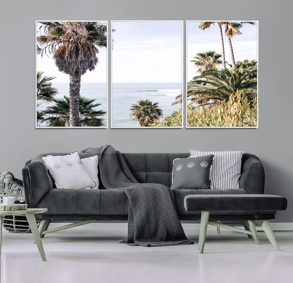 Coastal Palm Trees Wall Art Canvas Print, Framed Ocean Breeze Art Picture Print, Coastal Palm Trees Print Wall Art 3 Panel Floating Frame/White / 90