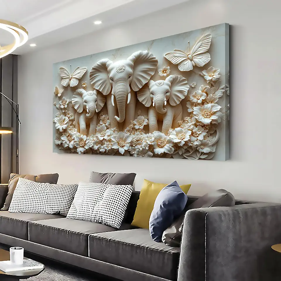 LASMOND Zen Ivory White Relief Elephants Wall Art for Living Room Office Contemporary Art Deco Religion Painting Prints Modern Canvas Artwork Over the Couch Kids Bedroom Decor