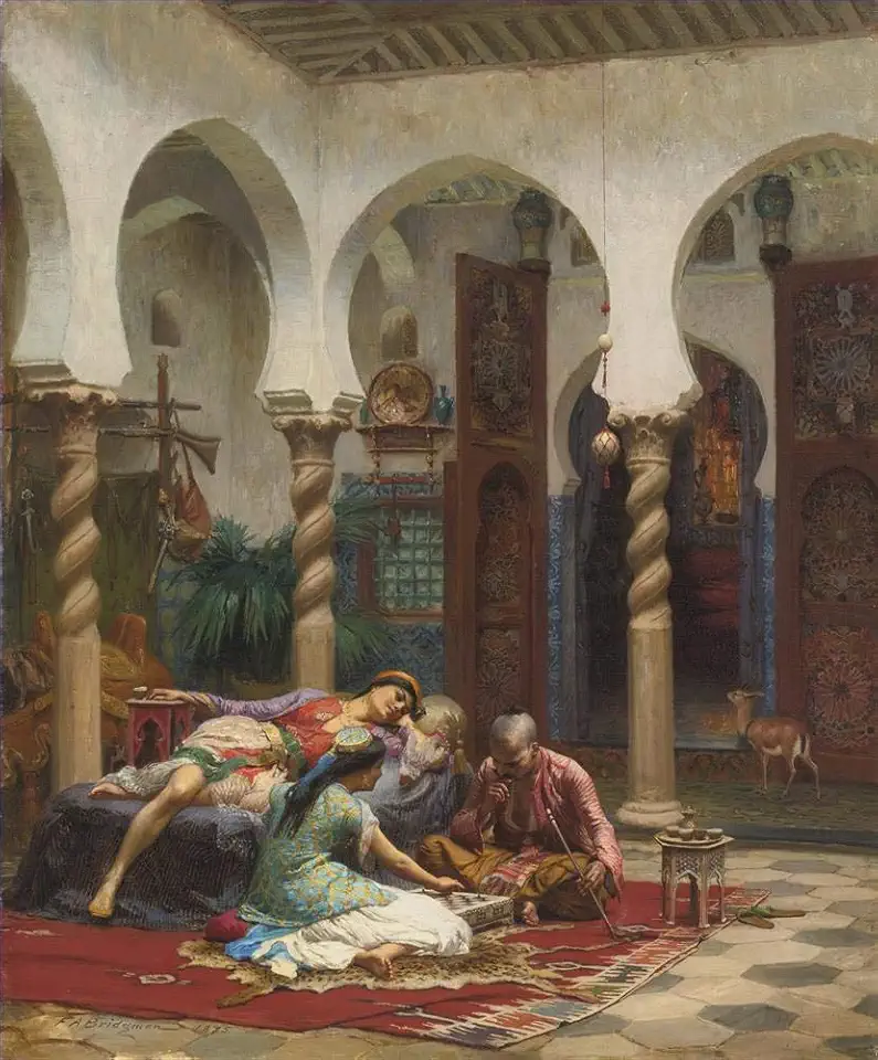 Toperfect 3 Paintings IDLE MOMENTS Frederick Arthur Bridgman Arabic interior Oil Art on Canvas - Famous Artworks -Size04, $50-$2000 Hand Painted by Art Academies' Teachers