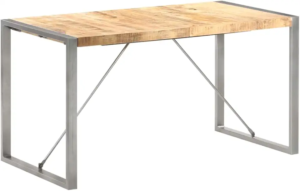 Rectangular Dining Table, Brown Solid Rough Mango Wood, Industrial Style for Kitchen, Spacious Seating for Family Meals, Durable Steel Frame Endurance