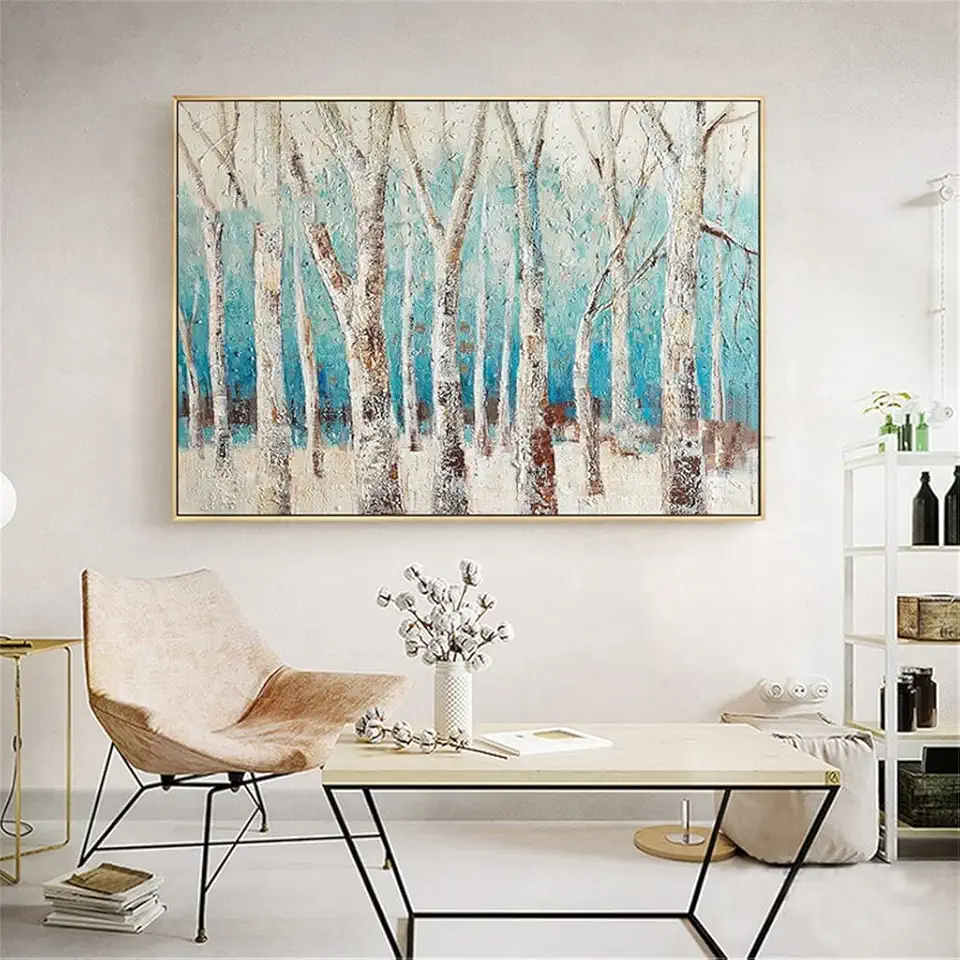 TYUHDUYUR Abstract Thick Knife Tree Oil Painting Handmade Blue Plant Wall Art Bedroom Living Room Decoration (Color : D, Size : 50x75cm Frameless) (D 60x90cm frameless)