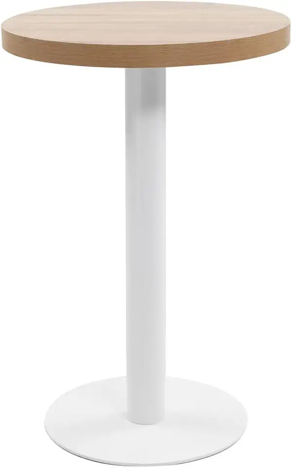 Compact Bistro Table Light Brown Wood MDF, White Steel Frame, Round Dinner Dining Table for Small Spaces, Apartment, Patio, 19.7 inch