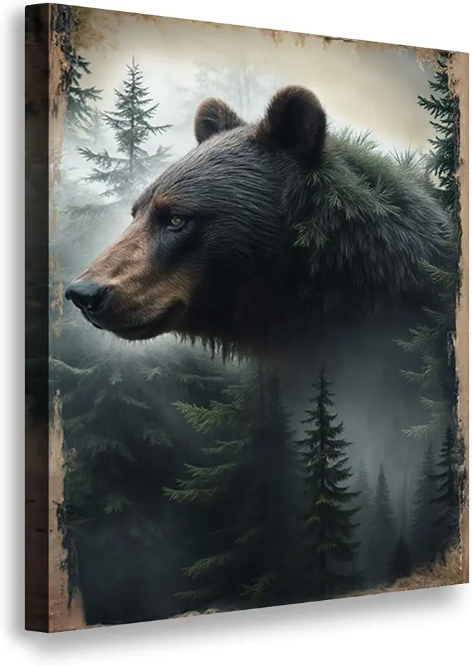 Sponsored Ad - TAILORED CANVASES Black Bear Exposure Canvas Wall Art for Rustic Cabin Wall Decor Grizzly Animal Wall Decorations Pine Tree Forest Art Large Bear Pictures Wall Decor for Lodge Home 12x18