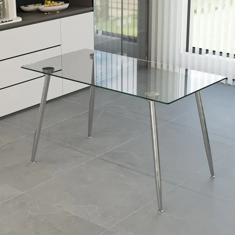 Sleek and Spacious Modern Glass Dining Table for Kitchen and Home Office, Tempered Glass Top, Silver Metal Legs, 51 x 27.5 x 29.5 Inch