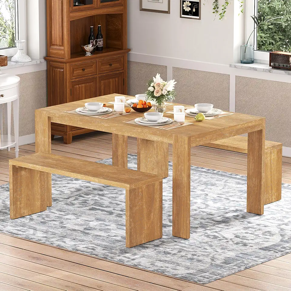 Farmhouse Style 3-Piece Dining Set, Rectangular Dining Table and 2 Benches, Wood Kitchen Dining Table Set, Home Breakfast Nook for Dining Room Living Room (Natural-11.25)
