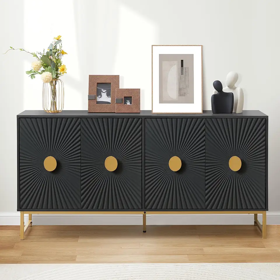 Sideboard Buffet Cabinet with Storage, Luxury Kitchen Storage Cabinet with 4 Doors and Adjustable Shelves, Accent Coffee Bar Buffet Table for Kitchen Dining Room (Black)