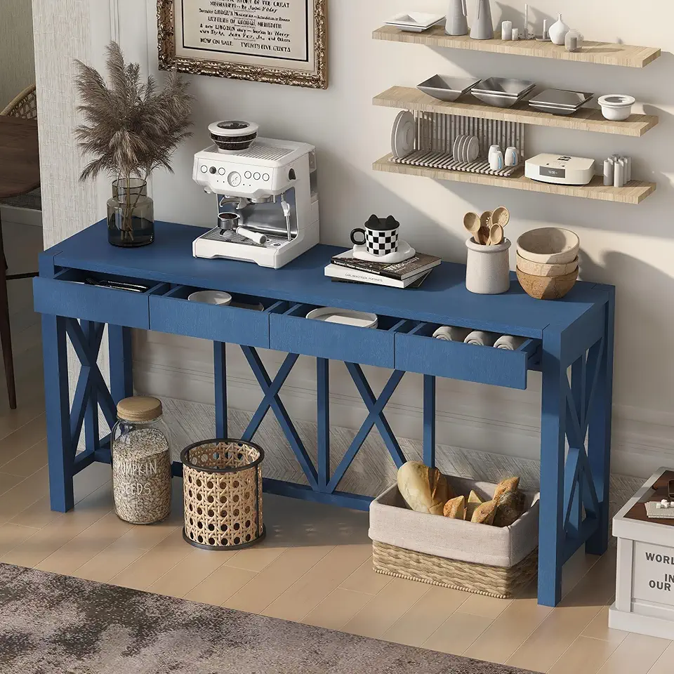 Merax 60'' Acacia Veneer Console Table with 4 Spacious Drawers,Farmhouse Sofa Table with Open Bottom Storage for Living Room,Kitchen,Dining Room,Hallway, Navy Blue