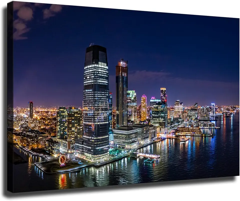 New Jersey Skyline Wall Art Aerial Panorama of Jersey City Poster Canvas Print HD Photo Home Living Room Bedroom Modern Background Wall Art Decorative Gifts (24x36inch,Framed)