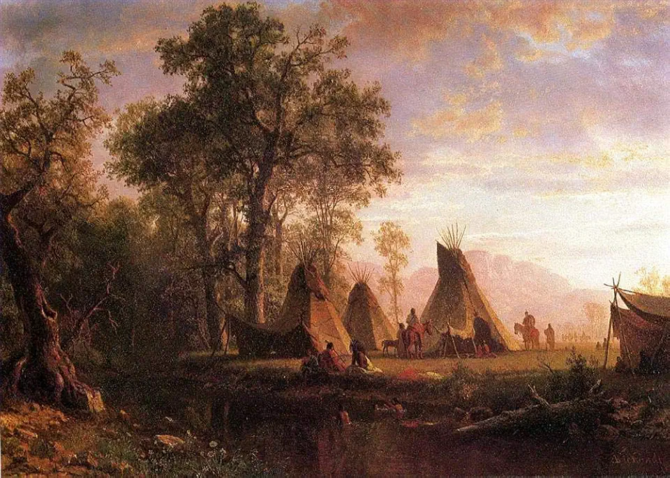 Toperfect 25 Paintings Bierstadt Albert Indian Encampment Late Afternoon ANW2 landscape Oil Art on Canvas - Famous Artworks -Size04, $50-$2000 Hand Painted by Art Academies' Teachers