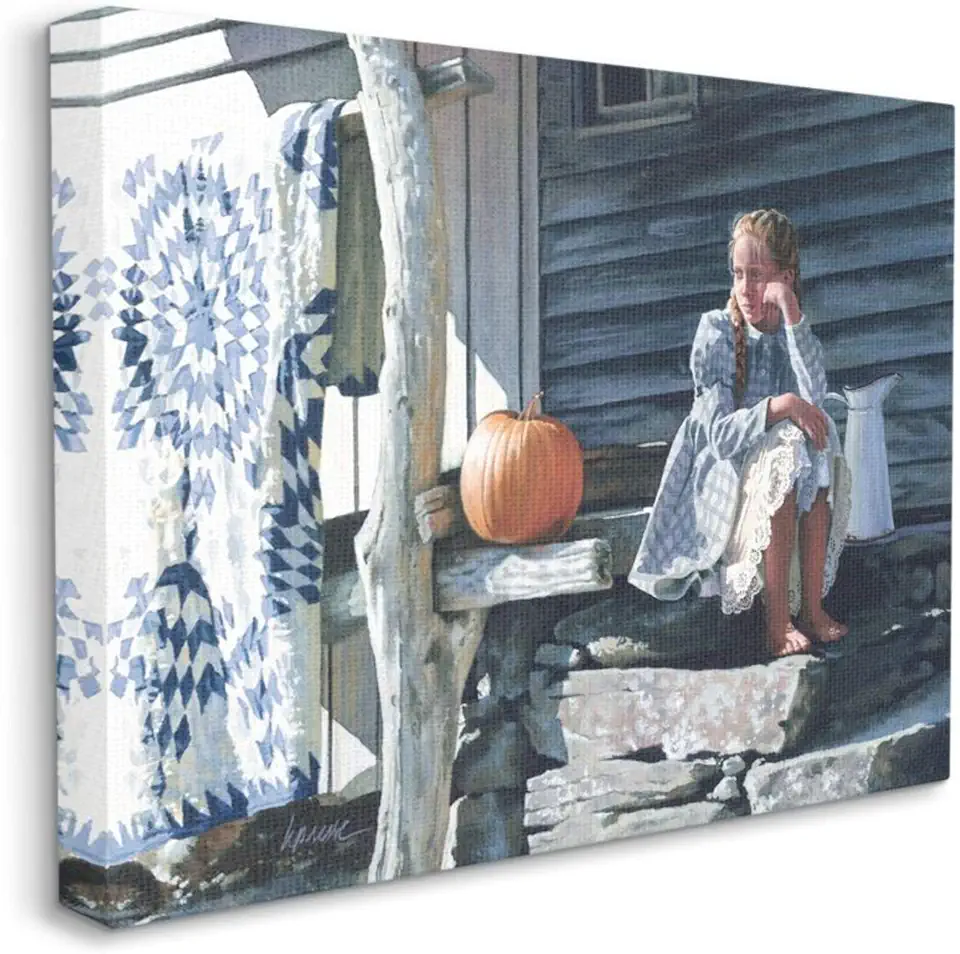 Stupell Industries Girl in Plaid Dress on Porch Geometric Quilt Canvas Heide Presse Wall Art, 36 x 48