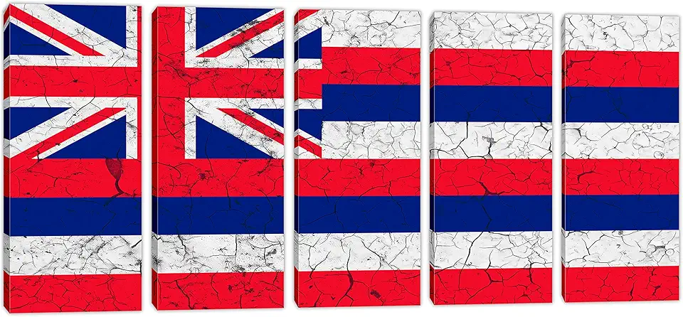 100 x 50 TOTAL - Hawaii Flag Canvas Print Wall Art cracked effect - 5 Panel Split, USA State Flag home decor